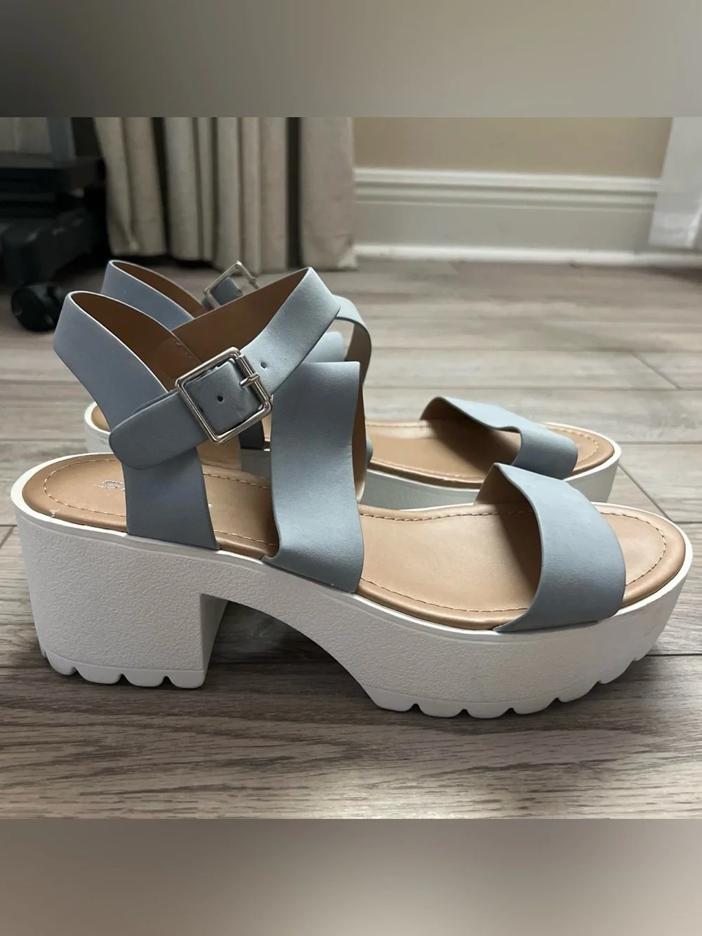 Soda Light Blue Chunky Platform Sandals with Buckle
